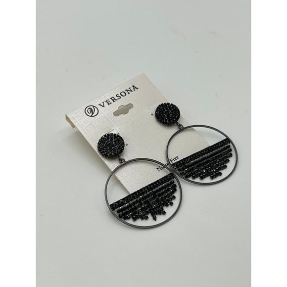 New Black Hollow Out Round & Rhinestone Hoop Earrings - Picture 3 of 4